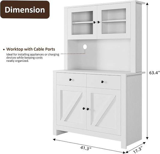 IDEALHOUSE 63" Kitchen Pantry Cabinet with Drawers, Hutch Cabinet with Storage, Microwave Stand, Adjustable Shelves, Freestanding Tall Pantry Storage for Dining Room, Living Room, White