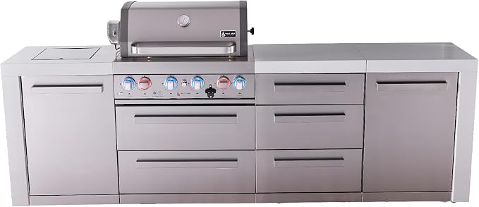Mont Alpi 107"W x 23"D Deluxe Stainless Steel Premium Modular Outdoor Kitchen Island with Infrared Side Burner + 32"W 4-Burner BBQ Gas Grill + White Granite Countertops + Storage Cabinets + Cover