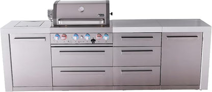 Mont Alpi 107"W x 23"D Deluxe Stainless Steel Premium Modular Outdoor Kitchen Island with Infrared Side Burner + 32"W 4-Burner BBQ Gas Grill + White Granite Countertops + Storage Cabinets + Cover