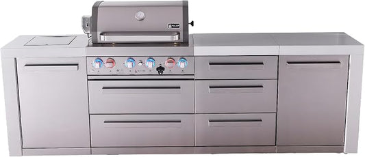 Mont Alpi 107"W x 23"D Deluxe Stainless Steel Premium Modular Outdoor Kitchen Island with Infrared Side Burner + 32"W 4-Burner BBQ Gas Grill + White Granite Countertops + Storage Cabinets + Cover