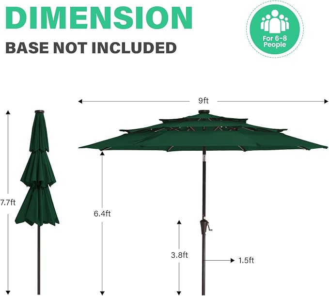 JEAREY 9 ft 3-Tier Outdoor LED Lighted Patio Umbrella w/Crank, Dark Green | Solar Market Table Umbrella with 8 Sturdy Ribs, UV Protection Waterproof Sunproof for Garden, Deck and Backyard