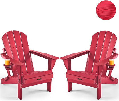 Ciokea Folding Adirondack Chair 2 Pack, Patio Adirondack Chair Weather Resistant, Plastic Fire Pit Chair with Cup Holder, Lawn Chair for Outdoor Porch Garden Backyard Deck (Red)