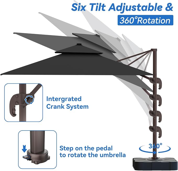 10x13FT Black Cantilever Outdoor Patio Umbrella with Base, Large Rectangular Offset Design, Double Top Heavy Duty Aluminum Frame & 360° Rotation for Pool Garden Deck Backyard