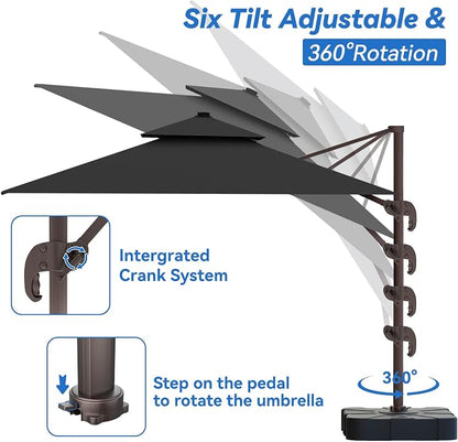 10x13FT Black Cantilever Outdoor Patio Umbrella with Base, Large Rectangular Offset Design, Double Top Heavy Duty Aluminum Frame & 360° Rotation for Pool Garden Deck Backyard