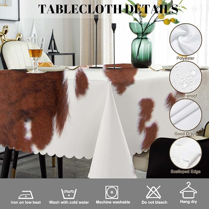 Swono Decorative Rectangle Table Cloth Cowhide, Farm Animal Brown Cowhide Print Cow Polyester Tablecloth Kitchen Table Cover for Dining BBQ Picnic Coffee Table 50x72, 4-6 Seats