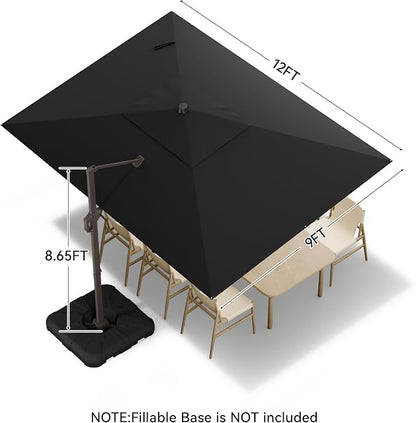 9x12 FT Cantilever Patio Umbrella, Large Rectangular Offset Outdoor Umbrella with 360° Rotation, Heavy Duty Shade Umbrella for Garden Backyard Deck Poolside Courtyard, Black