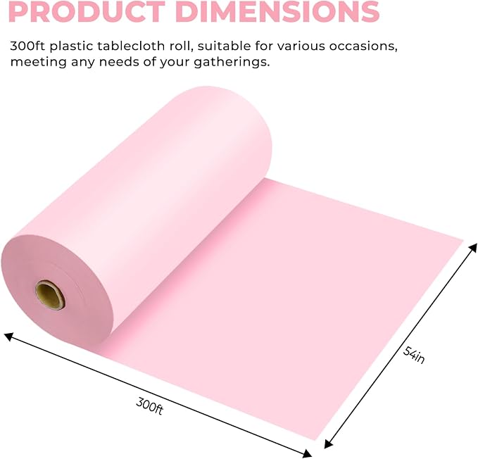 54 Inch X 300 Feet Plastic Table Cover Roll Premium Disposable Plastic Tablecloth for All Type/Shape Tables | Picnic, Party, Banquet, Birthdays, Weddings (Pink, 54 Inch X 300 Feet)