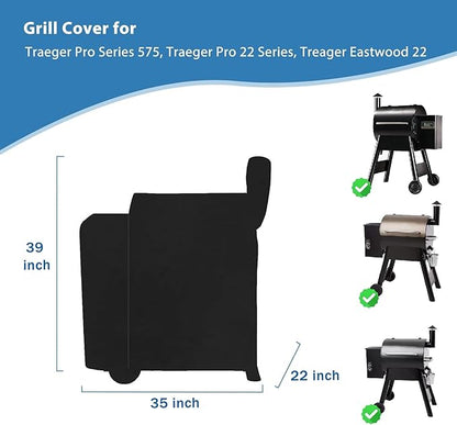 Grill Cover for Traeger 22 & Pro 575 Series Grill, 600D Waterproof Cover for Traeger Lil' Tex Elite 22, for Z-Grill Smoker, Replace for BAC379 Grill Parts, 35" x 22" x 39"