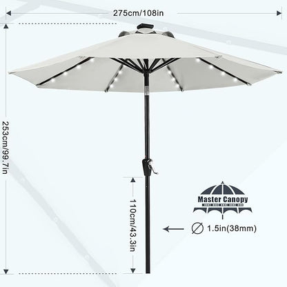 MASTERCANOPY 9FT 8Ribs Patio Umbrella with 32 Solar LED Lights, Outdoor Market Umbrella with Tilt & Crank, UV Protection & Fade Resistant Fabric, Easy Set-Up for Garden, Deck, Pool (Light Gray)