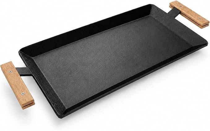 24 Inch Pre-Seasoned Carbon Steel Griddle for Stoves and BBQ Grills | Universal Flat Top Grill Plate with Anti-Scald Wood Handle, Works on Double Burner, Induction, Gas and Charcoal Grills