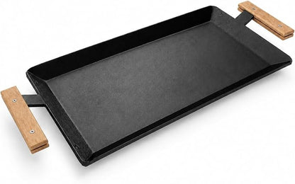 24 Inch Pre-Seasoned Carbon Steel Griddle for Stoves and BBQ Grills | Universal Flat Top Grill Plate with Anti-Scald Wood Handle, Works on Double Burner, Induction, Gas and Charcoal Grills