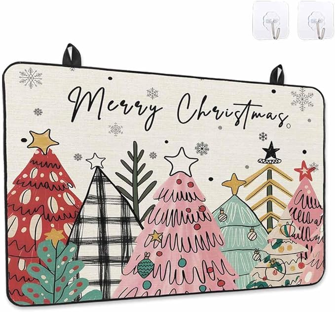 Stove Top Covers for Electric Stove 31x24 Inches, Pink Christmas Tree HeatResistant Glass Cooktop Protector, Vintage Beige Xmas Snowflake Doodle Ceramic Stovetop Countertop Covers Mat, Oven Cover