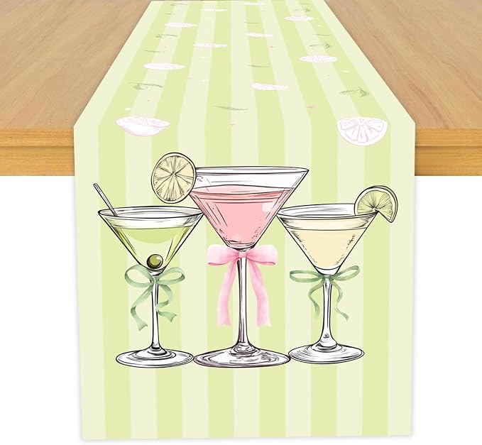 Green Pink Martini Theme Table Runner, Cocktail Lovers Linen Fabric Table Runner for Everyday Use 72 x 13 Inches, Washable Table Cover for Indoor Outdoor Kitchen Dining Table Home Decor