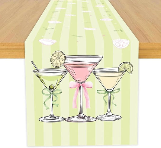 Green Pink Martini Theme Table Runner, Cocktail Lovers Linen Fabric Table Runner for Everyday Use 72 x 13 Inches, Washable Table Cover for Indoor Outdoor Kitchen Dining Table Home Decor