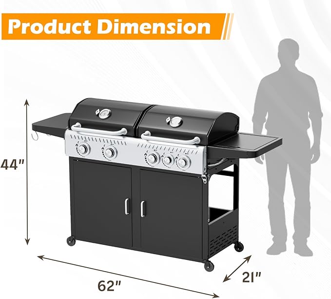 EROMMY Integrated design of baking tray and grill, Propane Grill with Side Burner, Porcelain-Enameled Cast Iron Grates, 646SQIN Large Cooking Area for Outdoor Patio Backyard Barbecue & Party Events