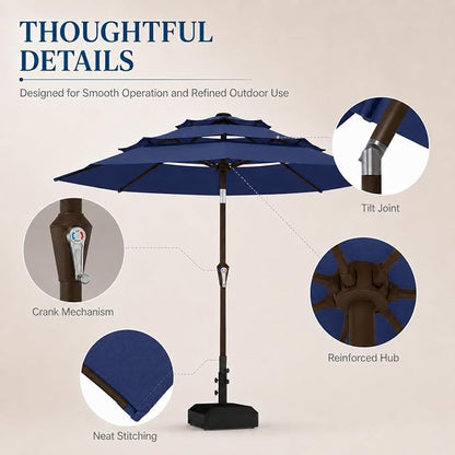 10ft Patio Umbrella, 3-Tier Vented Outdoor Table Umbrella with 8 Sturdy Fiberglass Ribs, Windproof Market Umbrella with Push Button Tilt and Crank, UV Protection for Deck, Pool, Navy Blue