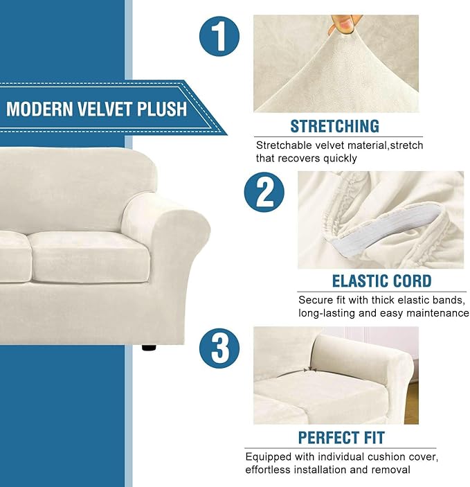 H.VERSAILTEX Modern Velvet Plush 4 Piece High Stretch Sofa Slipcover Furniture Protector Form Fit Luxury Thick Velvet Extra Large Sofa Cover for 3 Cushion Couch Width Up to 105 Inch(XL Sofa, Ivory)