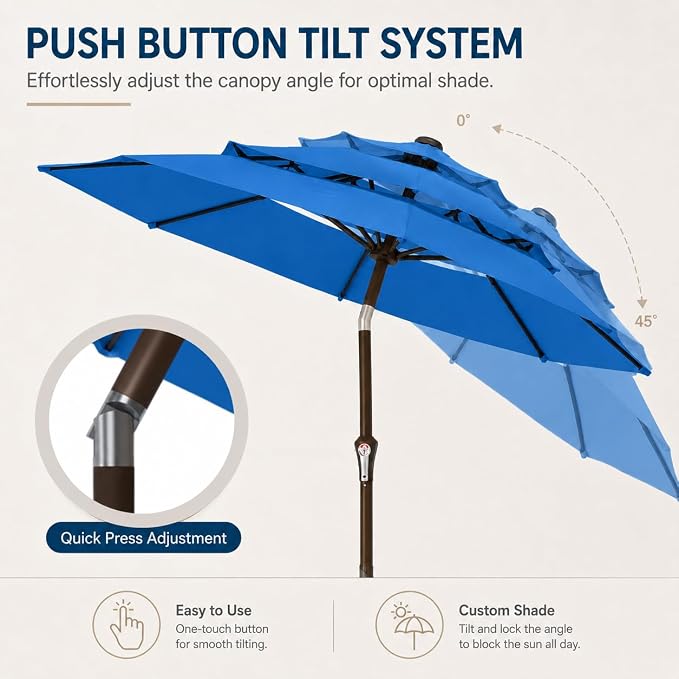 10ft Patio Umbrella, 3-Tier Vented Outdoor Table Umbrella with 8 Sturdy Fiberglass Ribs, Windproof Market Umbrella with Push Button Tilt and Crank, UV Protection for Deck, Pool, Royal Blue