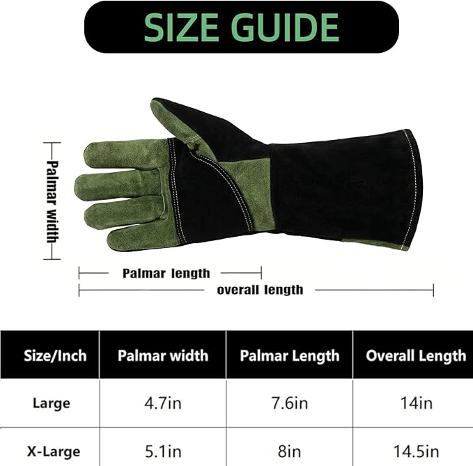 Leather Welding Gloves, Heat Fire Resistant, Mitts for BBQ Oven Grill Fireplace TIG MIG Forge Baking Furnace Stove Pot Holder Animal Handling. L, Black-green