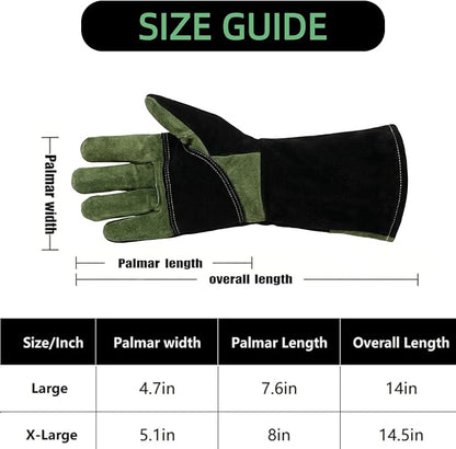 Leather Welding Gloves, Heat Fire Resistant, Mitts for BBQ Oven Grill Fireplace TIG MIG Forge Baking Furnace Stove Pot Holder Animal Handling. XL, Black-green