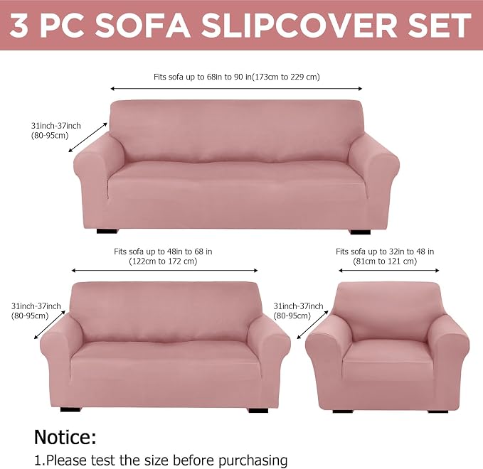Peryiter 3 Pcs Couch and Loveseat Sofa Covers,Light Pink,Milk Silk | Armchair Covers for Living Room, Sofa Cushion Slipcover, Furniture Protector, Polyester and Spandex, Washable