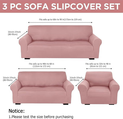 Peryiter 3 Pcs Couch and Loveseat Sofa Covers,Light Pink,Milk Silk | Armchair Covers for Living Room, Sofa Cushion Slipcover, Furniture Protector, Polyester and Spandex, Washable
