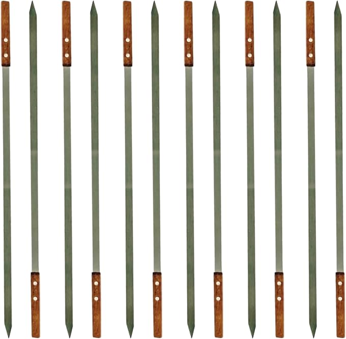 Kabob Skewers for Grilling – 1" Wide, 24" Long Flat Stainless Steel BBQ Skewers with Wood Handle | 1 FREE Skewer | Shish Kebab for Persian, Brazilian, Koubideh (12pcs)