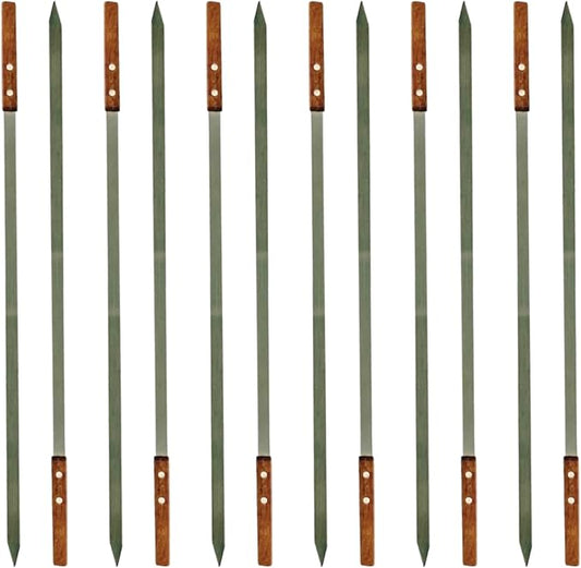 Kabob Skewers for Grilling – 1" Wide, 24" Long Flat Stainless Steel BBQ Skewers with Wood Handle | 1 FREE Skewer | Shish Kebab for Persian, Brazilian, Koubideh (12pcs)