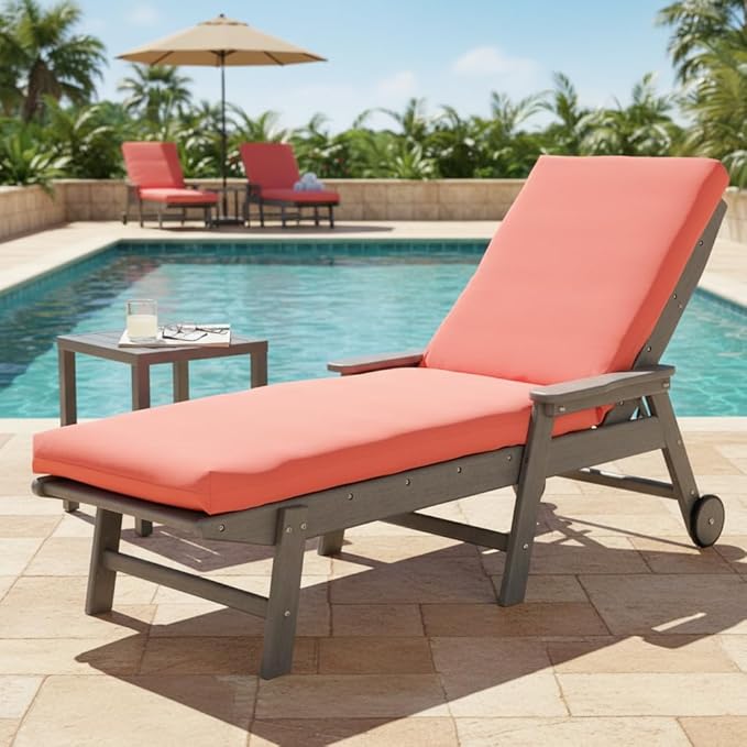 Modern Outdoor Chaise Lounge Cushion with Ties – Durable Polyester Fabric, Channel-Filled Polyfiber Insert, Removable Zippered Cover, Coral