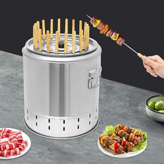 Portable Charcoal Grill - Stainless Steel Smokeless BBQ Grill with 20 Skewers and Grilling Accessories for Camping and Backyard Use
