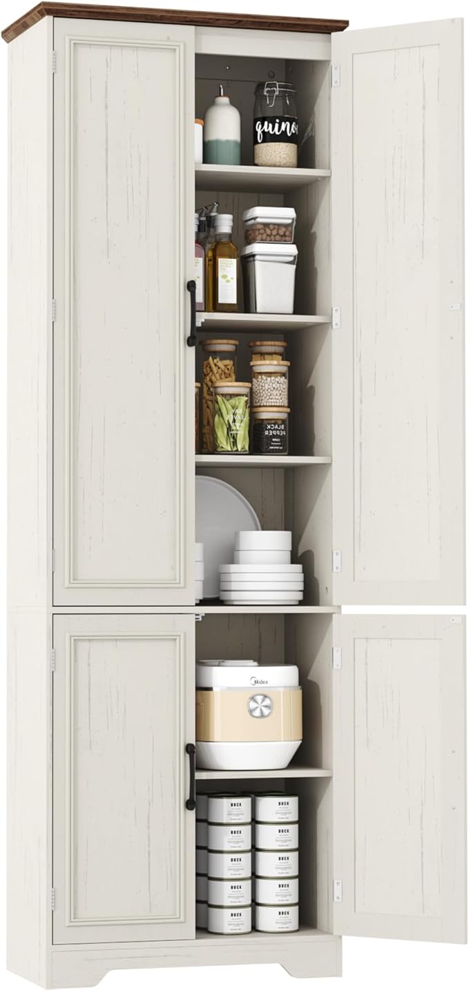 Function Home Farmhouse Kitchen Pantry Cabinet, 72" Tall Storage Cabinet with Doors and Adjustable Shelves, 6 Tier Freestanding Cupboard for Dining Room Living Room Bathroom, Antique White & Brown Top