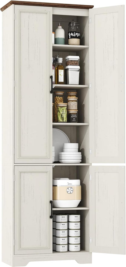Function Home Farmhouse Kitchen Pantry Cabinet, 72" Tall Storage Cabinet with Doors and Adjustable Shelves, 6 Tier Freestanding Cupboard for Dining Room Living Room Bathroom, Antique White & Brown Top