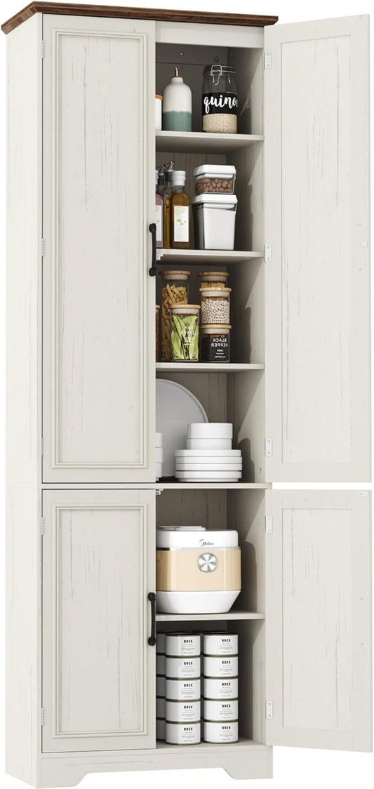 Function Home Farmhouse Kitchen Pantry Cabinet, 72" Tall Storage Cabinet with Doors and Adjustable Shelves, 6 Tier Freestanding Cupboard for Dining Room Living Room Bathroom, Antique White & Brown Top