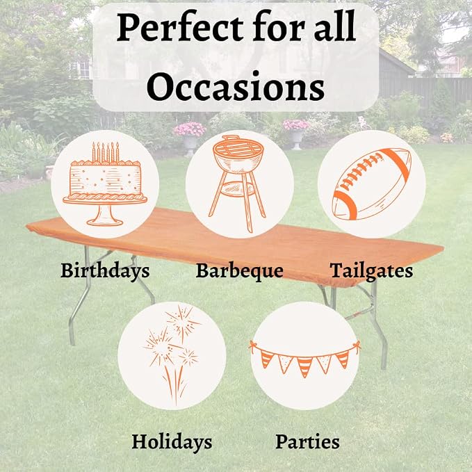 10 Pack of Rectangular Plastic Table Covers - 6' Foot or 8' Foot Options - Indoor or Outdoor Fitted Table Covers (Table NOT Included) (Orange, 30" x 96" (8' ft))