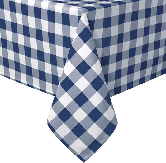 Hiasan 60 x 84 Inch Checkered Tablecloth Rectangle - Waterproof and Wrinkle Resistant Table Cloth for Picnic, Dinner and Party, Washable Polyester Fabric, Navy Blue and White Gingham Pattern