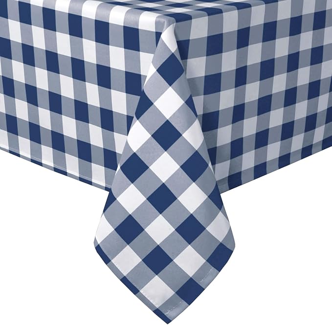 Hiasan 60 x 120 Inch Checkered Tablecloth Rectangle - Waterproof, Wrinkle Resistant and Washable Gingham Table Cloth for Outdoor Picnic, Kitchen and Holiday Dinner, Navy Blue and White