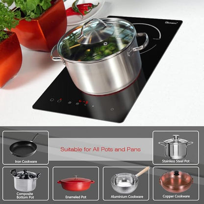Electric Cooktop 2 Burners 220V~240V, Built-in 12 Inch Ceramic Burners, Double Glass Stove Top, Apartment Size Electric Radiant Cooktop with Hard Wire,3000W,No Plug