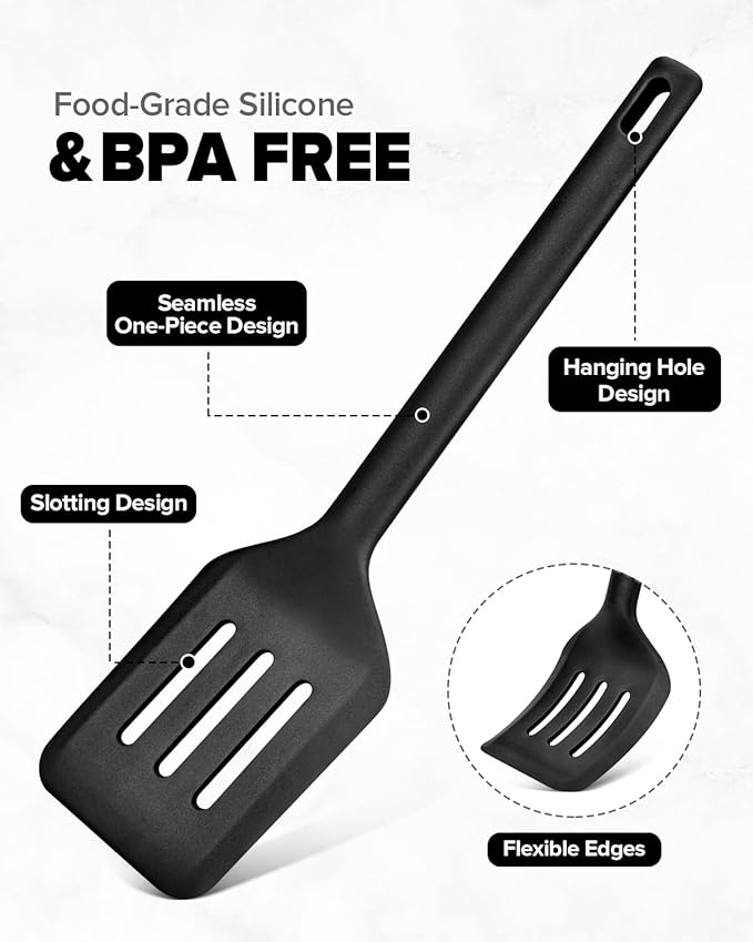 Silicone Kitchen Utensils Set, Heat Resistant Cooking Utensil with Spoon, Scraper, Spatula, Basting Brush & Tongs, BPA-free Non-stick Cookware for Frying, Basting, Serving, Grilling (6 Pack) (BLACK)