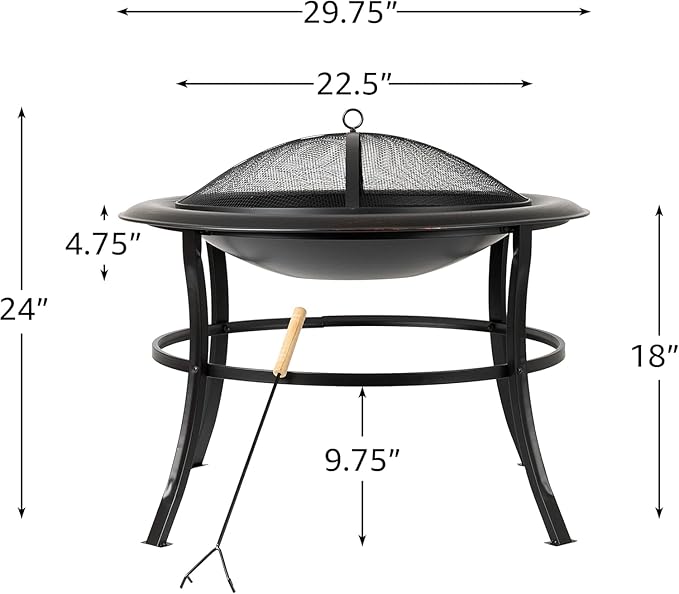 30" Outdoor Wood Burning Fire Pit, Round Steel Fire Bowl with Spark Screen, Log Grate, Lift Tool, for Patio, Backyard, Camping, Bonfire