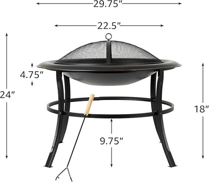 30" Outdoor Wood Burning Fire Pit, Round Steel Fire Bowl with Spark Screen, Log Grate, Lift Tool, for Patio, Backyard, Camping, Bonfire