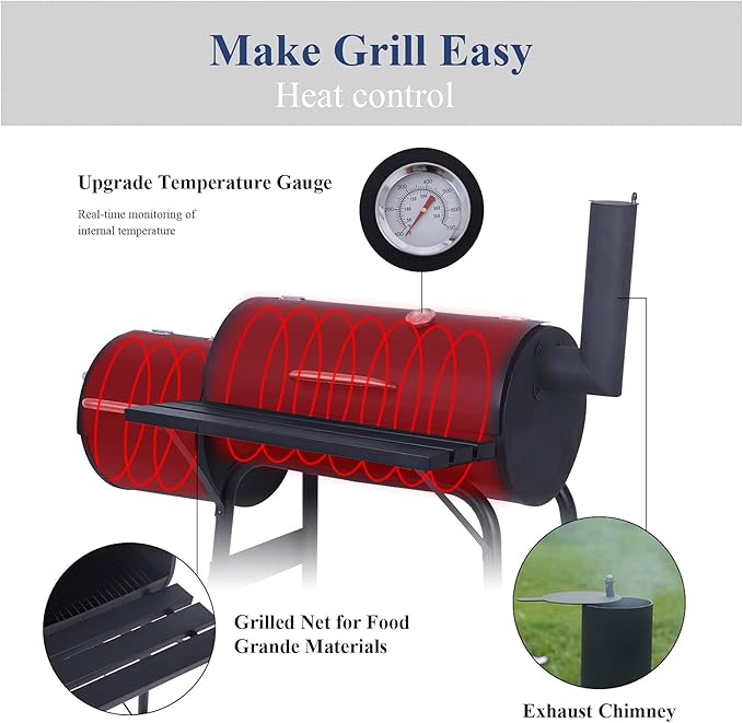 Charcoal Grill, 45inch Charcoal Barrel Grill with Offset Smoker, Charcoal BBQ Grill for Outdoor Garden Patio and Backyard Cooking Black 45.28 x 20.87 x 44.9 inch