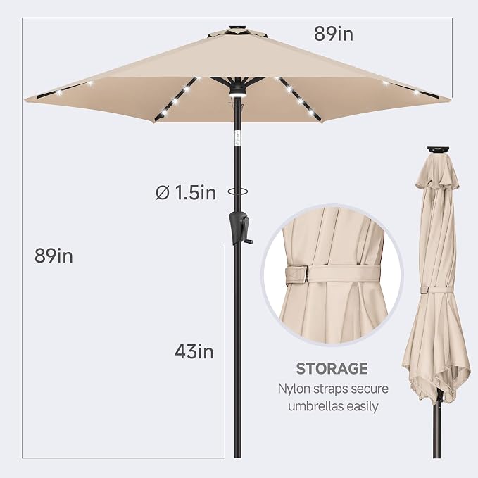 FLAME&SHADE Solar Patio Umbrella with Centre Light, 7.5 FT Beige | UV Protection, Small Solar Outdoor Umbrella for Porch, Deck, Backyard, Garden, Provides Evening Lighting, 24 LED Lights