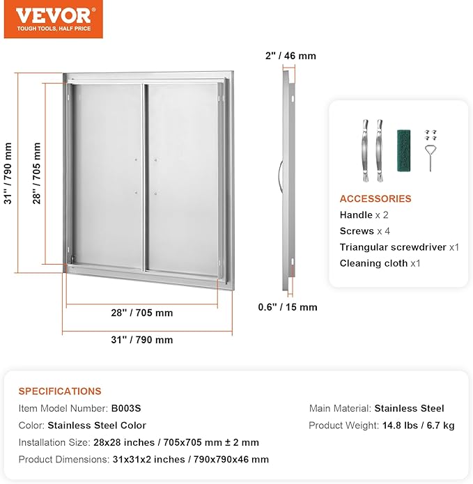 VEVOR BBQ Access Door, 31W x 31H Inch Double Outdoor Kitchen Door, Stainless Steel Flush Mount Door, Wall Vertical Door with Handles, for BBQ Island, Grilling Station, Outside Cabinet
