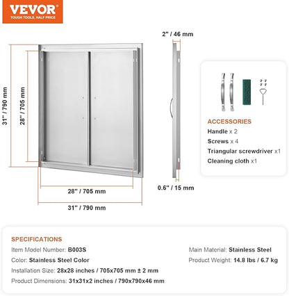 VEVOR BBQ Access Door, 31W x 31H Inch Double Outdoor Kitchen Door, Stainless Steel Flush Mount Door, Wall Vertical Door with Handles, for BBQ Island, Grilling Station, Outside Cabinet