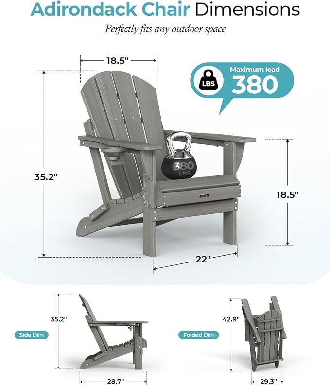 Ciokea Folding Adirondack Chair Wood Texture 4 Pack, Patio Adirondack Chair Weather Resistant, Plastic Fire Pit Chair with Cup Holder, Lawn Chair for Outdoor Porch Garden Backyard Deck (Grey)