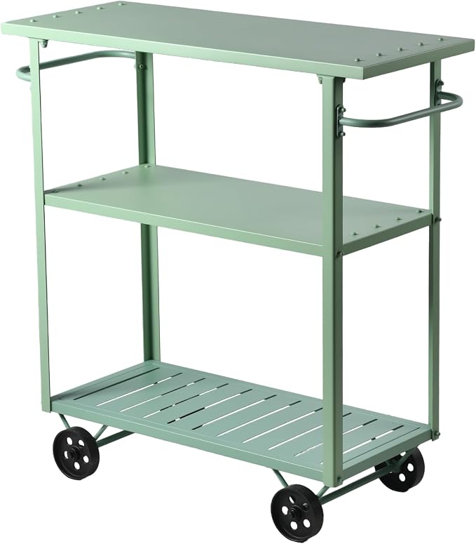 3-Tier Metal Rolling Cart with Wheels, 39.37x15.74x41 in, Pea Green | Indoor & Outdoor Use, Convenient Handles, Waterproof & Rustproof, Stronger Load Bearing, Kitchen & Garden Use