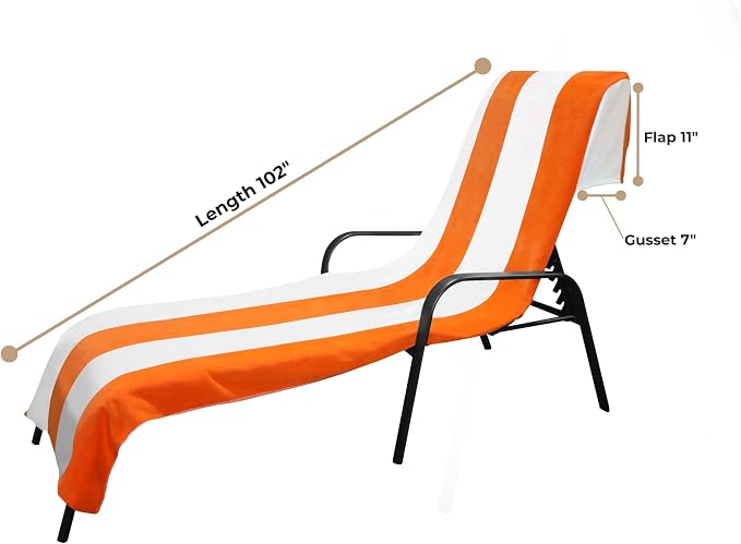 Superior Cabana Cotton Lounge Chair Cover, Outdoor Towel/Chaise Furniture Covers, Terry Cloth, Beach, Spa, Swim Accessories, Pool Chair Cover, Soft, Quick Drying, 32" x 102", Set of 2, Orange