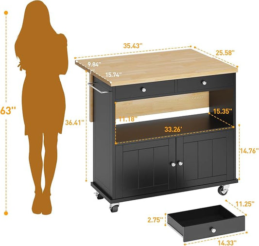 Rolling Kitchen Island with Folding Drop Leaf Breakfast Bar, 35.4'' W Kitchen Cart with Storage Cabinet and 2 Drawers, Portable Mobile Kitchen Island Table with Towel Rack, Lockable Wheels, Black