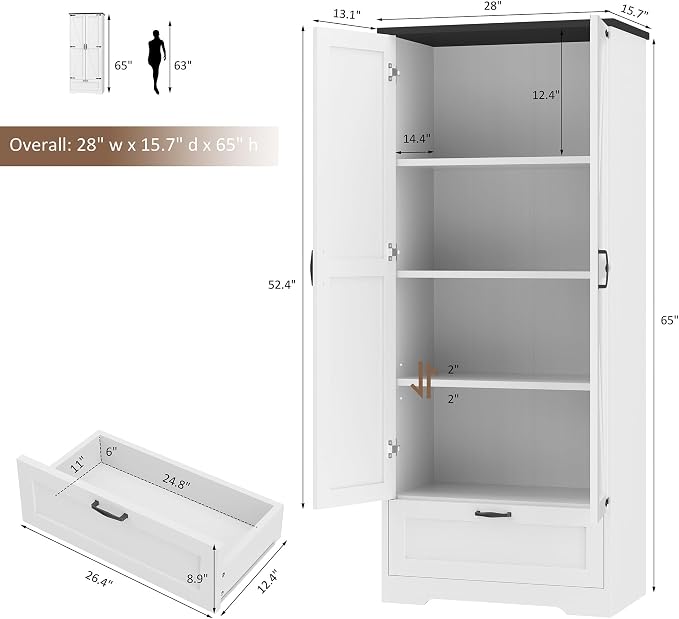 Shintenchi Kitchen Pantry Cabinet, Freestanding Farmhouse Storage Cabinet with 4 Shelves and 1 Drawer, Tall Cupboard for Kitchen, Living Room, Dining Room and Bathroom, White