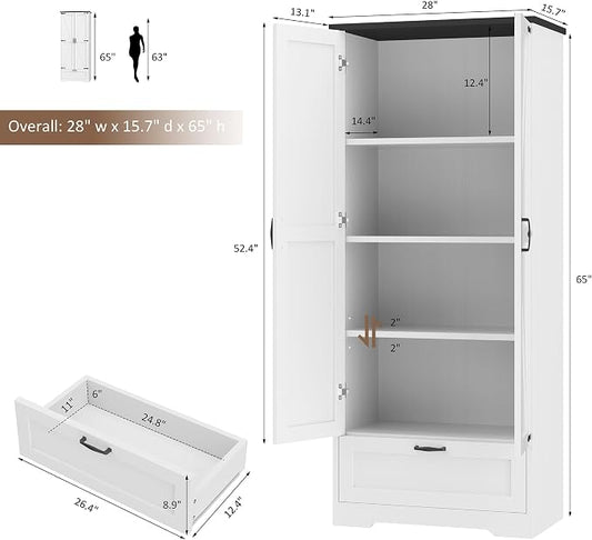 Shintenchi Kitchen Pantry Cabinet, Freestanding Farmhouse Storage Cabinet with 4 Shelves and 1 Drawer, Tall Cupboard for Kitchen, Living Room, Dining Room and Bathroom, White